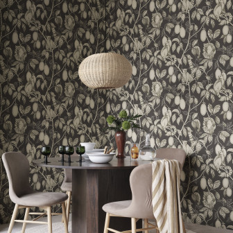 Tapet cu design elegant, lemuri și fructe stilizate pe fundal grafit