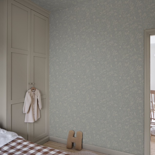 Tapet cu design floral delicat în nuanțe de albastru și gri
