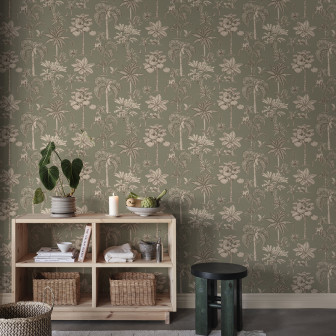 Tapet verde cu model tropical cu palmieri