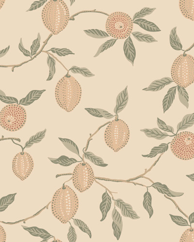 Cameră decorată cu tapet Limone, Blush, prezentând un model repetitiv de lămâi pe fundal roz pal și bej, acoperind pereții și tavanul. Livingul are o canapea maro, masă rotundă și plante verzi, cu o fereastră luminoasă.