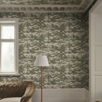 Tapet cu design clasic, nuanțe de verde, peisaj.