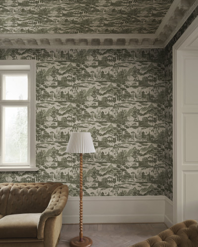 Tapet cu design clasic, nuanțe de verde, peisaj.