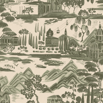 Tapet cu design clasic, nuanțe de verde, peisaj.