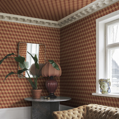 Tapet geometric terracotta într-o cameră elegantă