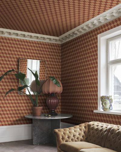 Tapet geometric terracotta într-o cameră elegantă