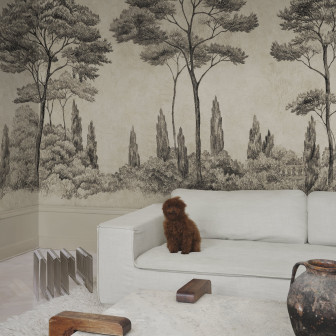 Tapet cu design grafic de arbori într-o cameră de zi elegantă.