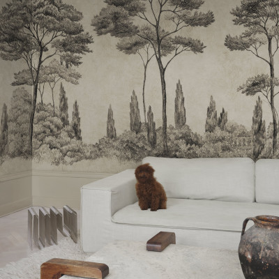 Tapet cu design grafic de arbori într-o cameră de zi elegantă.