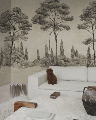 Tapet cu design grafic de arbori într-o cameră de zi elegantă.