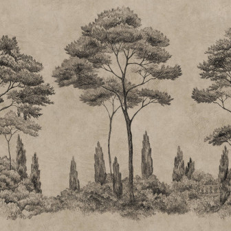 Tapet cu design grafic de arbori într-o cameră de zi elegantă.