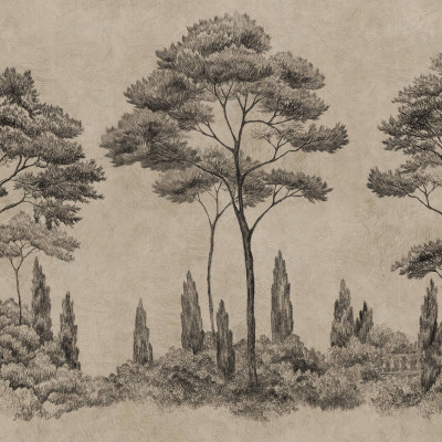 Tapet cu design grafic de arbori într-o cameră de zi elegantă.