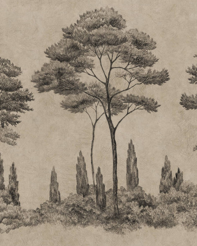 Tapet cu design grafic de arbori într-o cameră de zi elegantă.