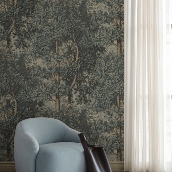Tapet cu design de pădure albastră într-un interior modern
