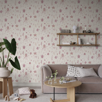 Tapet cu design marin roz în camera de zi