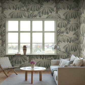 Fototapet cu design de copaci verzi într-un living modern