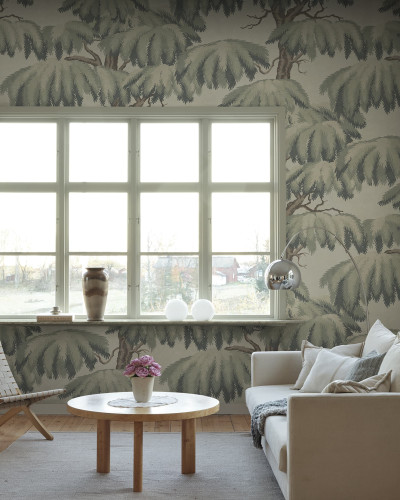 Fototapet cu design de copaci verzi într-un living modern