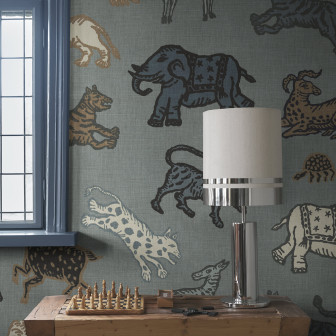 Tapet texturat cu animale exotice în nuanțe de albastru și maro
