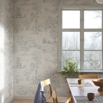 Fototapet cu peisaj albastru într-o sufragerie