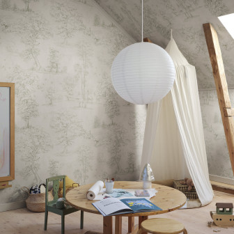 Tapet cu model de peisaj în nuanțe de verde măsliniu într-o cameră de copii