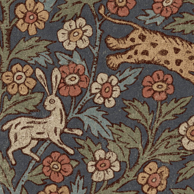 Tapet mural cu motive florale și animale în nuanțe de albastru clasic într-o cameră de joacă