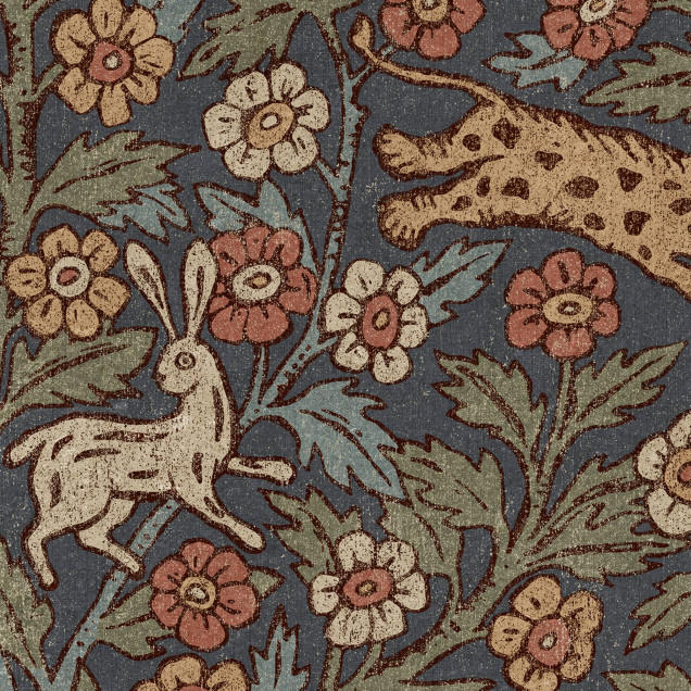 Tapet mural cu motive florale și animale în nuanțe de albastru clasic într-o cameră de joacă