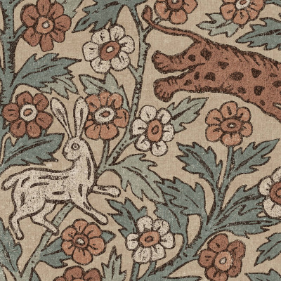 Tapet cu motive florale și animale stilizate într-o cameră decorată