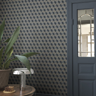 Tapet albastru inchis cu model geometric tip cub