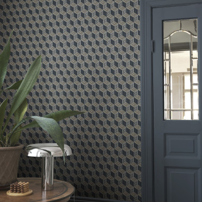 Tapet albastru inchis cu model geometric tip cub