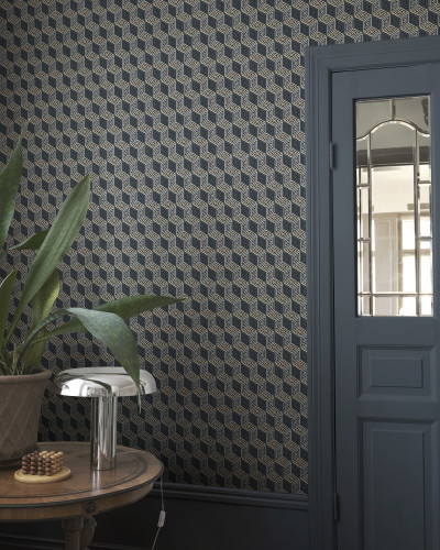 Tapet albastru inchis cu model geometric tip cub