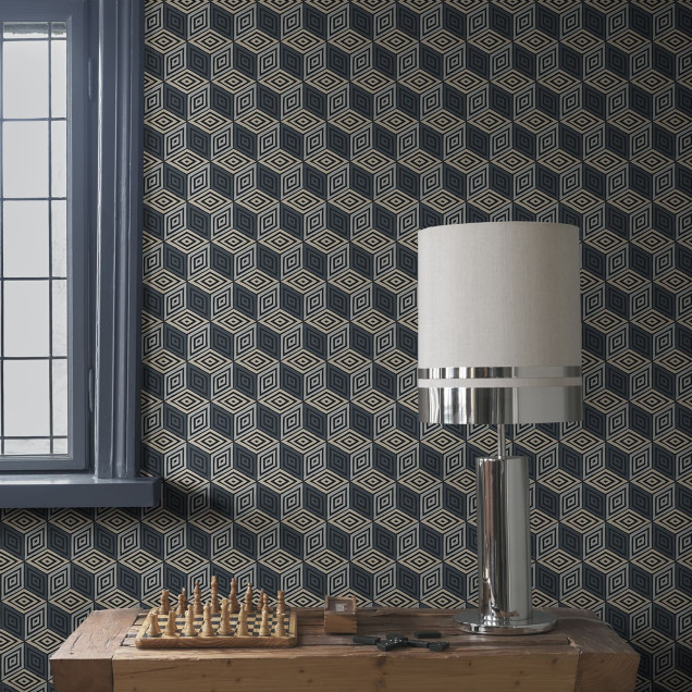 Tapet albastru inchis cu model geometric tip cub