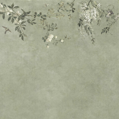 Tapet elegant cu design floral în nuanțe de verde salvie.