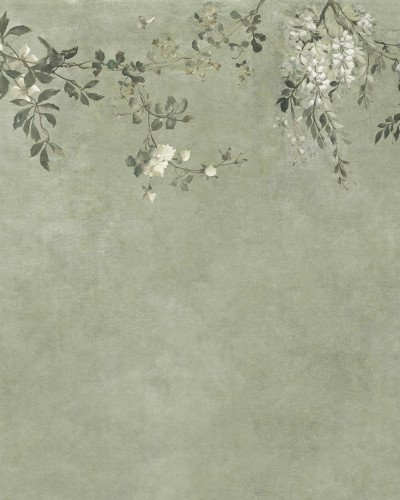 Tapet elegant cu design floral în nuanțe de verde salvie.