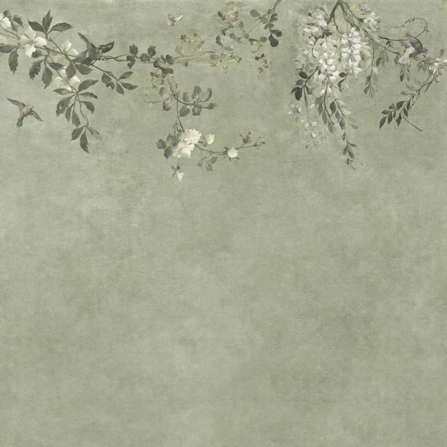 Tapet elegant cu design floral în nuanțe de verde salvie.