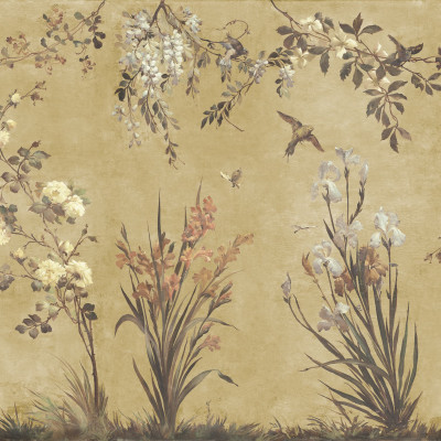 Tapet floral galben într-un living elegant