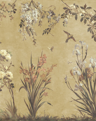 Tapet floral galben într-un living elegant