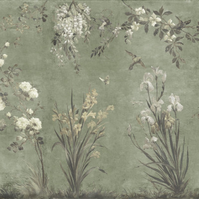 Tapet floral verde salvie într-o cameră de zi elegantă