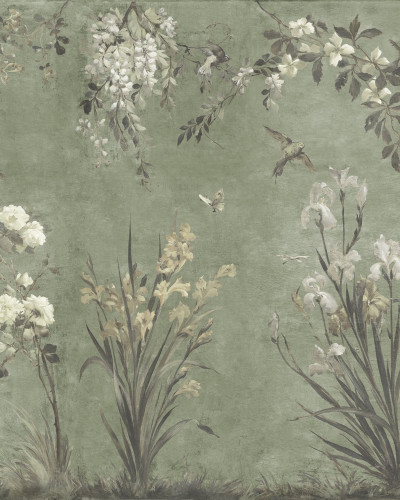 Tapet floral verde salvie într-o cameră de zi elegantă