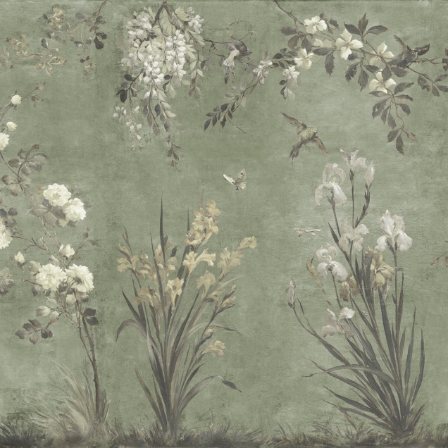 Tapet floral verde salvie într-o cameră de zi elegantă