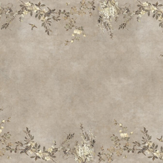Tapet Luca Rectangle, Beige, cu design floral delicat, ramuri, flori crem și păsări pe un fundal bej texturat, aplicat pe pereți și tavan într-un living elegant.