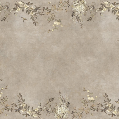 Tapet Luca Rectangle, Beige, cu design floral delicat, ramuri, flori crem și păsări pe un fundal bej texturat, aplicat pe pereți și tavan într-un living elegant.