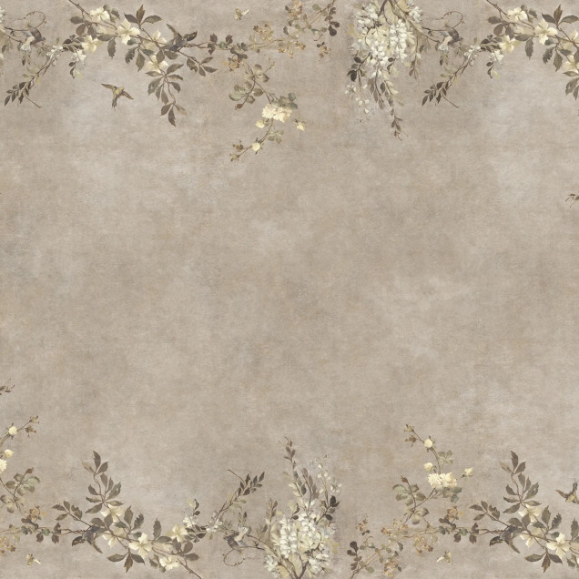 Tapet Luca Rectangle, Beige, cu design floral delicat, ramuri, flori crem și păsări pe un fundal bej texturat, aplicat pe pereți și tavan într-un living elegant.