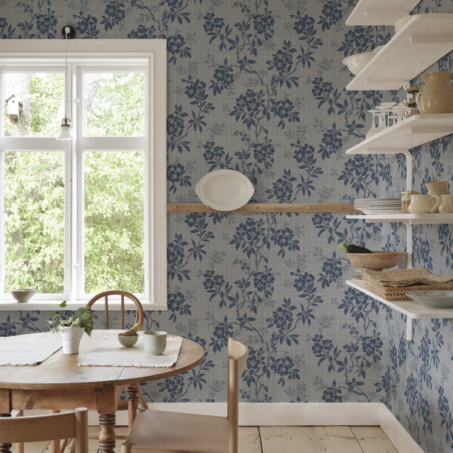 Tapet floral albastru, design interior elegant