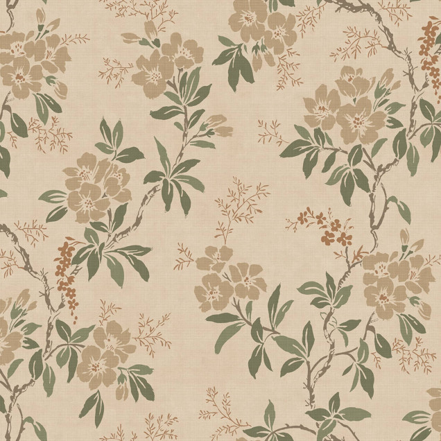 Tapet floral bej cu detalii delicate într-o bucătărie elegantă.