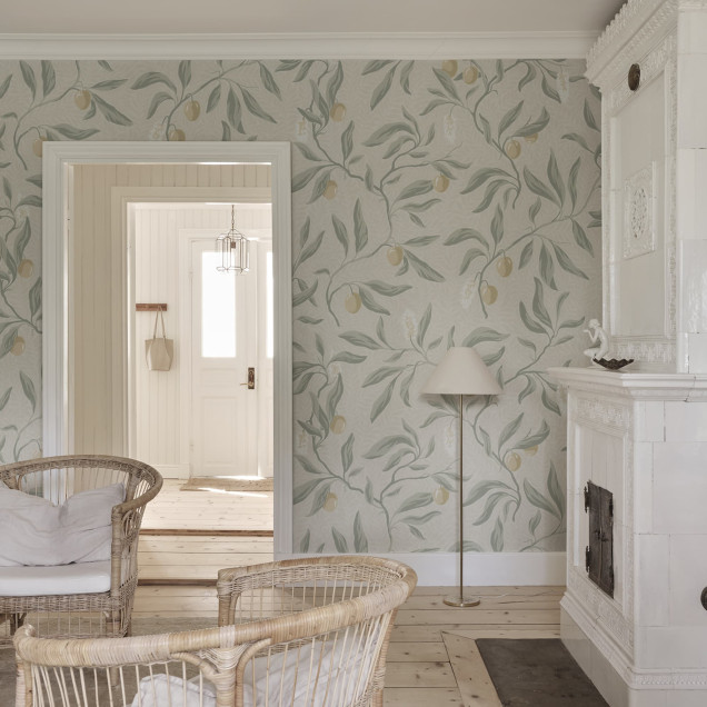 Tapet floral verde salvie cu design elegant în bucătărie