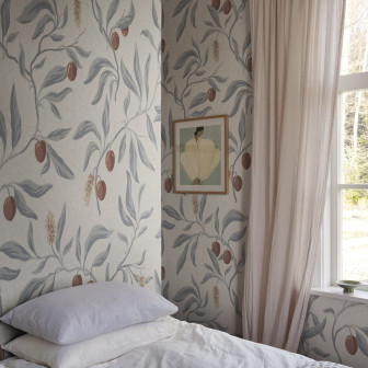 Tapet floral cu ramuri și fructe stilizate în dormitor