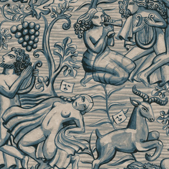 Tapet albastru cu design complex într-o cameră cu pat și scaun