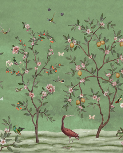 Tapet personalizat cu design Chinoiserie cu arbori cu lămâi, flori și păsări pe fundal verde