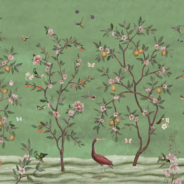 Tapet personalizat cu design Chinoiserie cu arbori cu lămâi, flori și păsări pe fundal verde