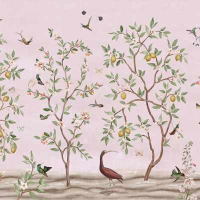Tapet personalizat cu design Chinoiserie cu ramuri de lămâi pe fundal roz
