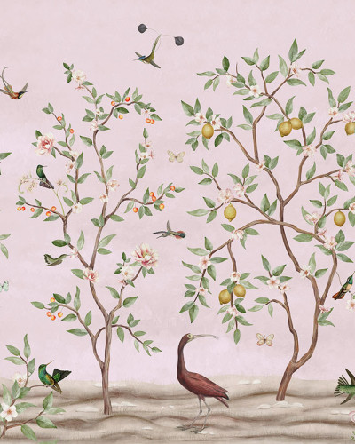Tapet personalizat cu design Chinoiserie cu ramuri de lămâi pe fundal roz