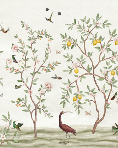 Tapet personalizat cu design Lemon Tree Chinoiserie într-un dormitor